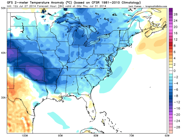 Temperature Anomalies from the GFS on Thursday Morning. In celcius, but the take away from this is that blue/purple is cooler than average air. 