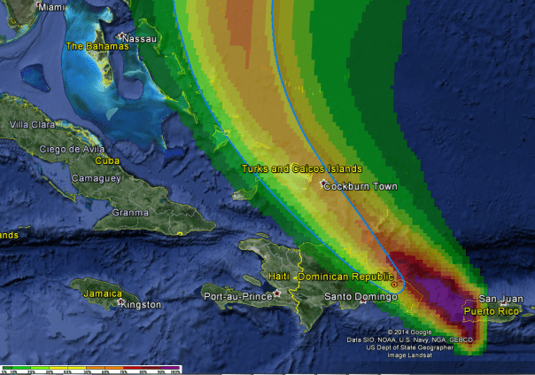 Forecast cone from the 8pm NHC advisory and forecast wind probabilities from the 5pm Advisory.