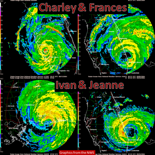 Radar images near landfall of Hurricanes Charley, Frances, Ivan and Jeanne