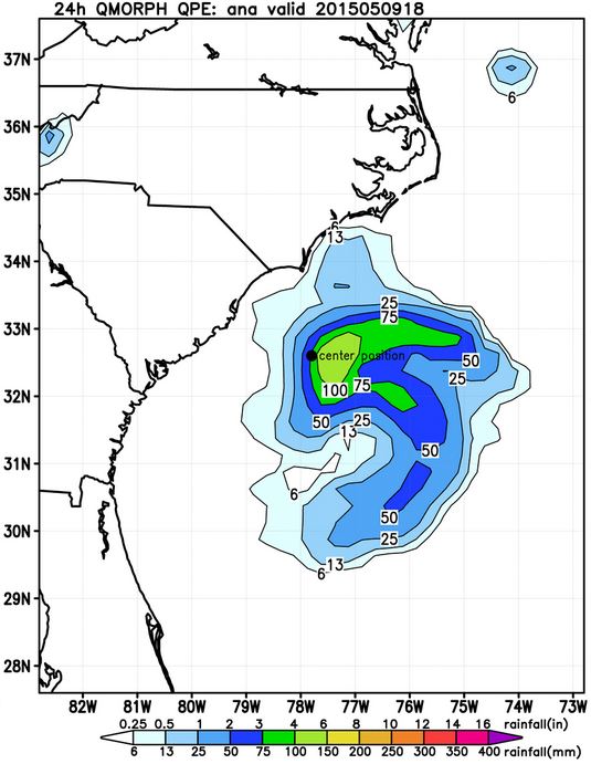 *Experimental* product from the NHC that shows rainfall over the past 24 hours. The core of 4-6" may make some headway toward the Carolina coast overnight.