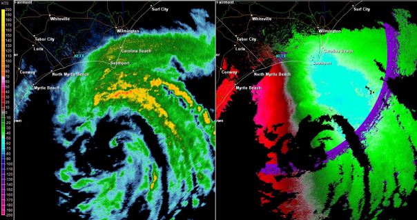 Reflectivity and Velocity from KLTX as of 7:45 PM ET. Blue values on velocity, right, are suggestive of winds in the 60 mph range (+/- 5 mph)