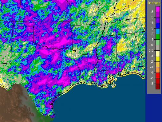 Rainfall over the last 30 days. Areas in bright purple are areas that saw at least 8" of rainfall in that period. Courtesy of the NWS.