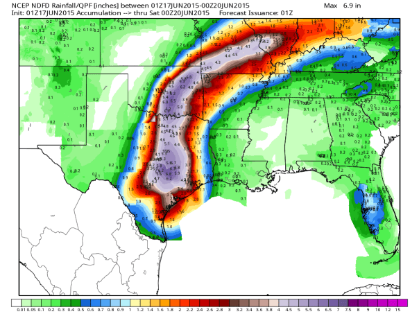 NWS forecast rainfall through Friday at 7pm CT. From WeatherBell. 