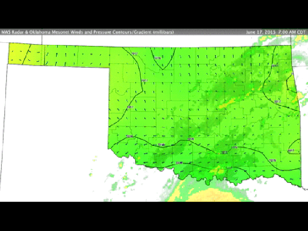 Radar, pressure, and winds from the Oklahoma Mesonet and NWS