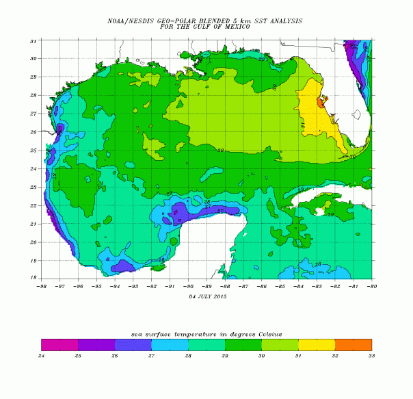 Gulf of Mexico water temperatures in Celsius.