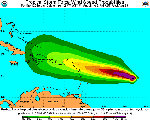 Probability that Danny may cause winds greater than 40 mph to a certain location